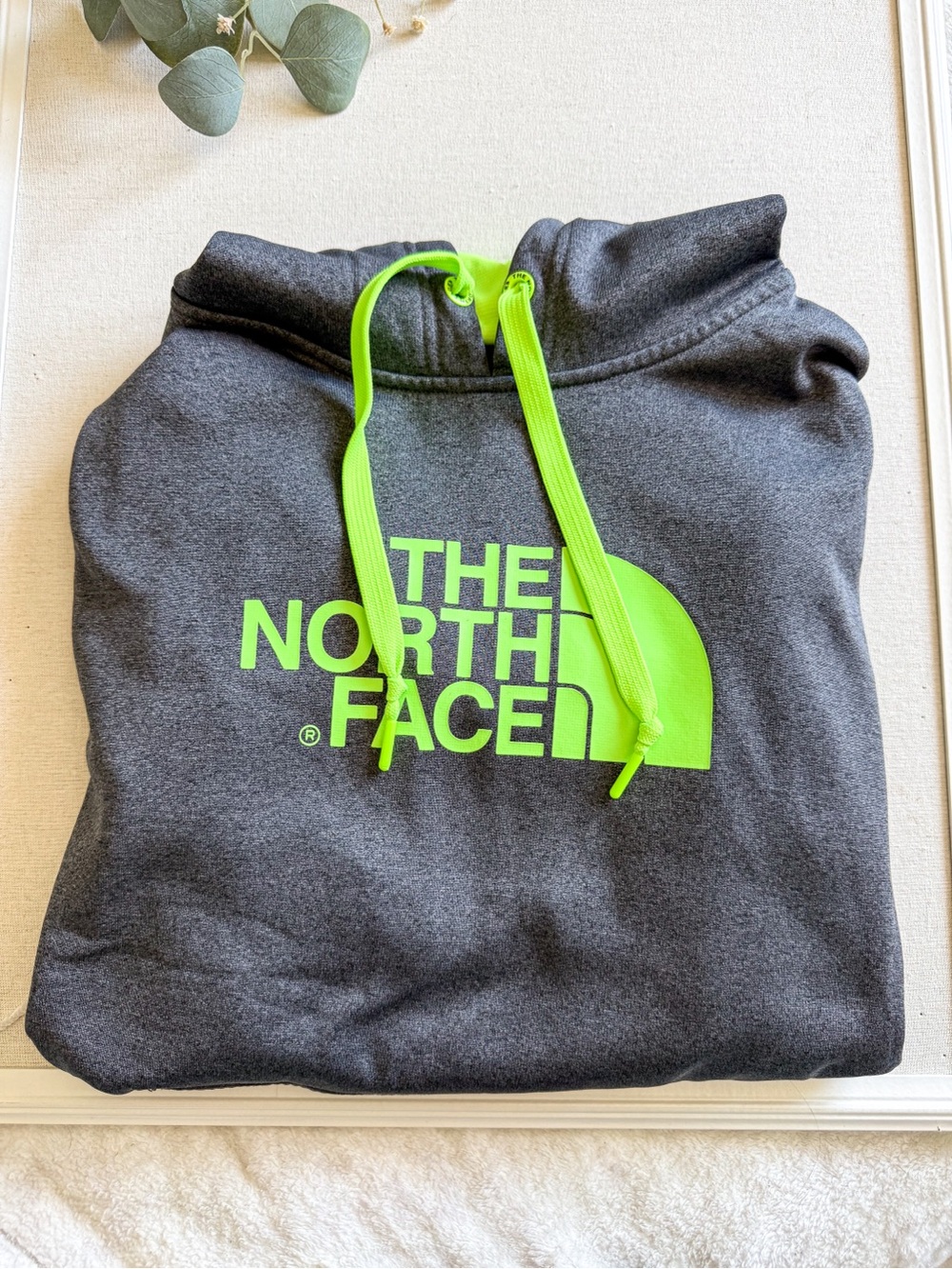The North Face Hoodie Gray Neon Green Logo Pullover Sweatshirt Size L